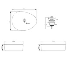 Maattekening van een ovale opzetwastafel met de afmetingen 510 bij 390 bij 130 millimeter inclusief detail van de afvoerplug.