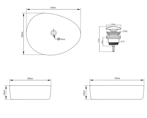 Technische tekening van een ovale opzetwastafel met de afmetingen 510 bij 390 bij 130 millimeter en details van de afvoer.