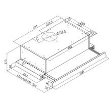 Maattekening van een afzuigkap met montageafmetingen in millimeter.