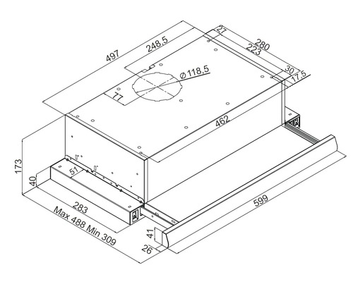 Maattekening van een afzuigkap met montageafmetingen in millimeter.