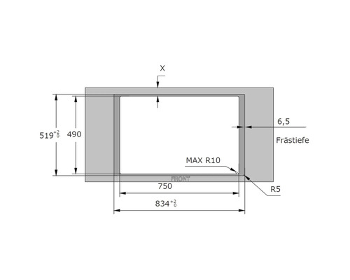 Technische tekening met afmetingen voor een uitsparing in millimeters inclusief een freesdiepte van 6,5 millimeter.