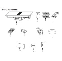 Inhoud van de verpakking van een inductiekookplaat met geïntegreerde afzuigkap inclusief filters, montagemateriaal en accessoires.