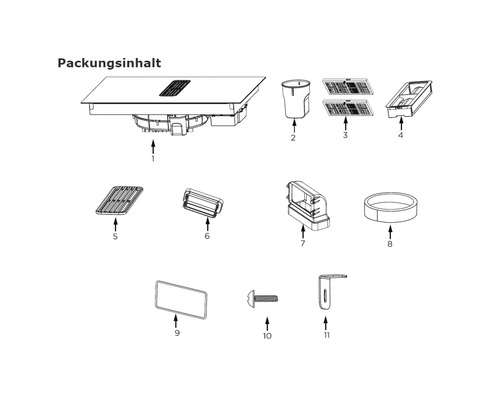 Inhoud van de verpakking van een inductiekookplaat met geïntegreerde afzuigkap inclusief filters, montagemateriaal en accessoires.