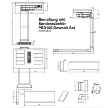 Technische tekening met afmetingen in millimeter voor de Downair-set PSD100 inclusief extra accessoires en diverse systeemcomponenten.