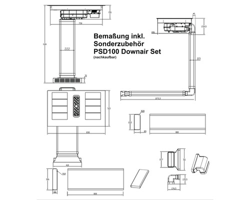 Technische tekening met afmetingen in millimeter voor de Downair-set PSD100 inclusief extra accessoires en diverse systeemcomponenten.