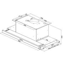 Maattekening van een vlakscherm afzuigkap met gedetailleerde afmetingen in millimeters voor breedte, hoogte en diepte.