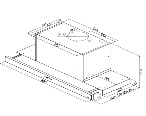 Maattekening van een vlakscherm afzuigkap met gedetailleerde afmetingen in millimeters voor breedte, hoogte en diepte.