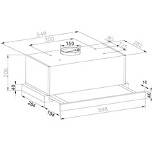 Technische tekening van een vlakscherm afzuigkap met afmetingen in millimeter.