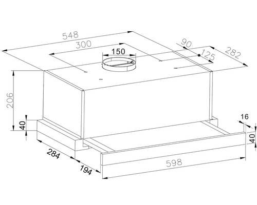 Technische tekening van een vlakscherm afzuigkap met afmetingen in millimeter.