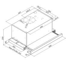 Maattekening van een uittrekbare afzuigkap met afmetingen in millimeters voor breedte, hoogte, diepte en buisaansluiting.