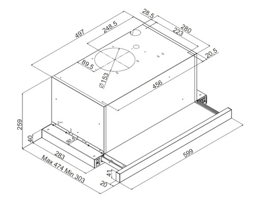 Maattekening van een uittrekbare afzuigkap met afmetingen in millimeters voor breedte, hoogte, diepte en buisaansluiting.
