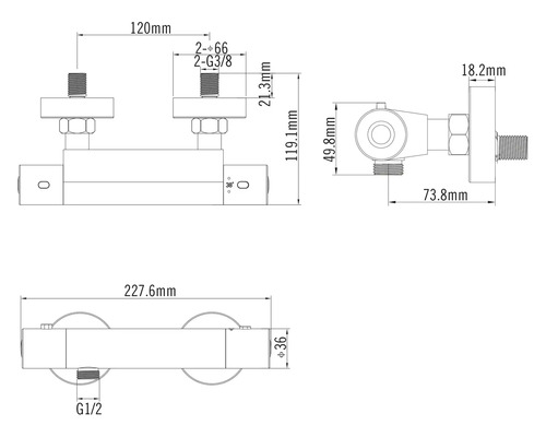 Technische tekening van een douchekraan met afmetingen in millimeter, breedte 227,6 millimeter, hartafstand 120 millimeter.