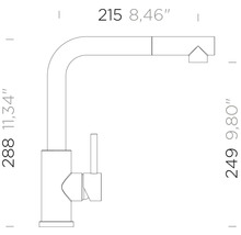 Technische tekening van een keukenkraan met afmetingen: hoogte 288 millimeter, uitloophoogte 249 millimeter en sprong 215 millimeter.
