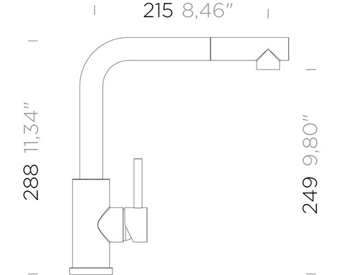 Technische tekening van een keukenkraan met afmetingen: hoogte 288 millimeter, uitloophoogte 249 millimeter en sprong 215 millimeter.