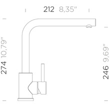 Maatschets van een keukenkraan met L-uitloop. Hoogte 274 millimeter, sprong 212 millimeter, uitloophoogte 246 millimeter.