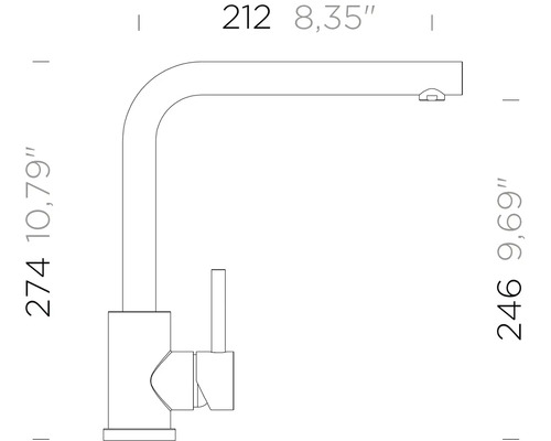 Maatschets van een keukenkraan met L-uitloop. Hoogte 274 millimeter, sprong 212 millimeter, uitloophoogte 246 millimeter.
