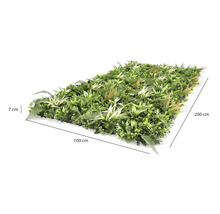 Kunstplantenwand met varens en grassen, breedte 100 centimeter, hoogte 200 centimeter, diepte 7 centimeter.