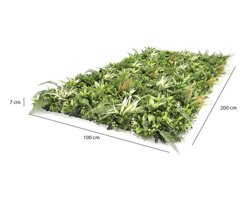 Kunstplantenwand met varens en grassen, breedte 100 centimeter, hoogte 200 centimeter, diepte 7 centimeter.