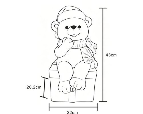 Maatschets teddybeer met kerstmuts op cadeau, hoogte 43 centimeter, breedte 22 centimeter, diepte 20,2 centimeter.