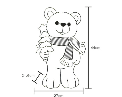 Illustratie van een decoratieve beer met sjaal en kerstboom, afmetingen: hoogte 44 centimeter, breedte 27 centimeter, diepte 21,6 centimeter.