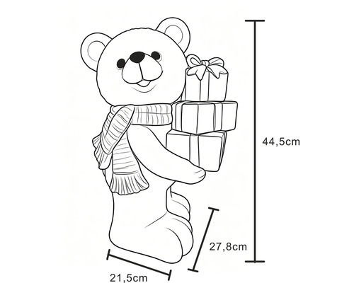 Technische tekening kerstbeer met sjaal en cadeaus, afmetingen: hoogte 44,5 centimeter, breedte 21,5 centimeter, diepte 27,8 centimeter