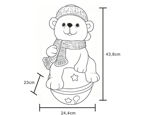 Beerfiguur met muts en sjaal op een bal met sterren: hoogte 43,8 centimeter, breedte 24,4 centimeter, diepte 23 centimeter.