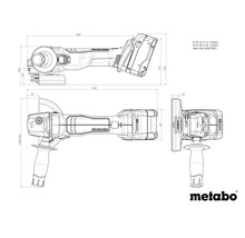 Metabo Logo. Technische tekening met afmetingen voor Metabo haakse slijper, zijaanzicht, bovenaanzicht en vooraanzicht.