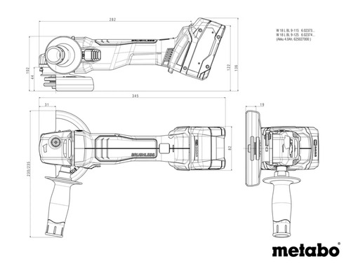 Metabo Logo. Technische tekening met afmetingen voor Metabo haakse slijper, zijaanzicht, bovenaanzicht en vooraanzicht.