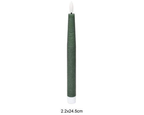 Groene LED-dinerkaars van was met realistische vlam, afmetingen 2,2 bij 24,5 centimeter.
