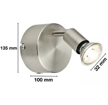 Wandspot van metaal met afmetingen: hoogte 135 millimeter, breedte 100 millimeter en spotdiameter 32 millimeter.