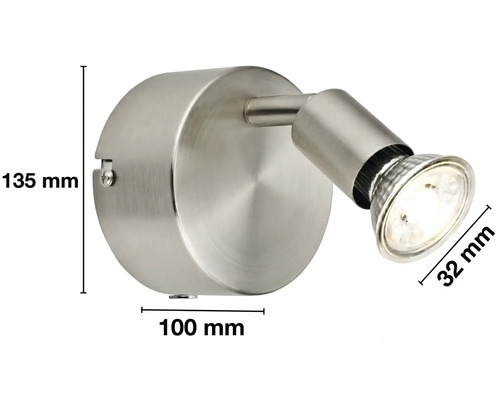 Wandspot van metaal met afmetingen: hoogte 135 millimeter, breedte 100 millimeter en spotdiameter 32 millimeter.