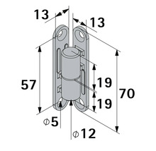 Technische tekening van een meubelscharnier met afmetingen in millimeters: totale hoogte 70, breedte 13, gatafstand 57, diameter 12.