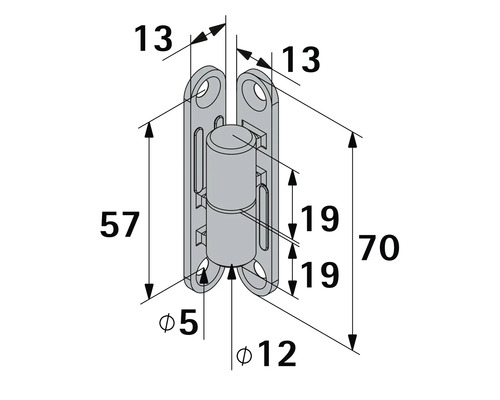Technische tekening van een meubelscharnier met afmetingen in millimeters: totale hoogte 70, breedte 13, gatafstand 57, diameter 12.
