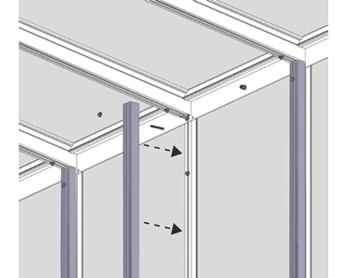 Montagehandleiding voor het bevestigen van verticale steunprofielen aan een dakframe.
