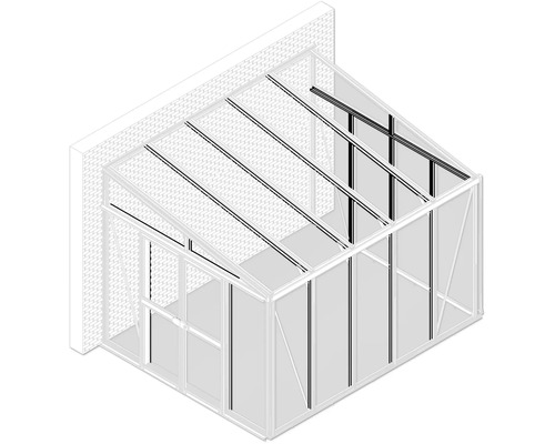 Technische tekening van een aanbouwkas met lessenaarsdak en schuifdeur tegen een bakstenen muur.