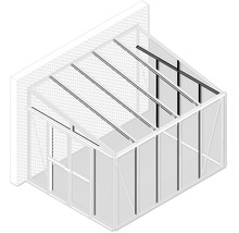 Lijntekening van een aanbouwkas met lessenaarsdak en schuifdeur, gemonteerd tegen een bakstenen muur.