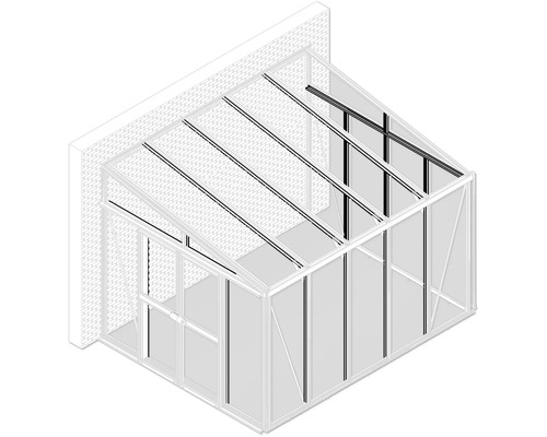 Lijntekening van een aanbouwkas met lessenaarsdak en schuifdeur, gemonteerd tegen een bakstenen muur.
