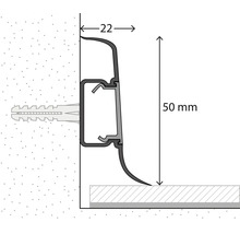 Technische tekening van een plint met een hoogte van 50 millimeter en een diepte van 22 millimeter, gemonteerd met een plug.