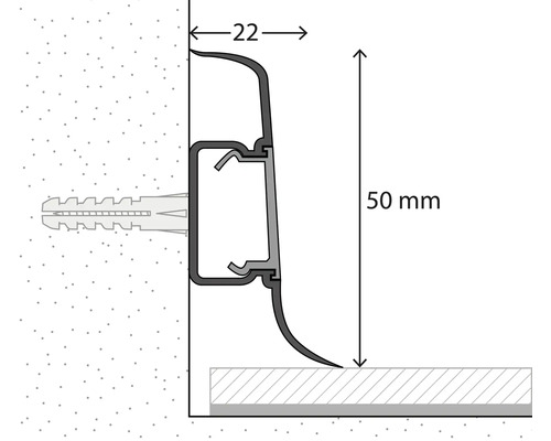 Technische tekening van een plint met een hoogte van 50 millimeter en een diepte van 22 millimeter, gemonteerd met een plug.