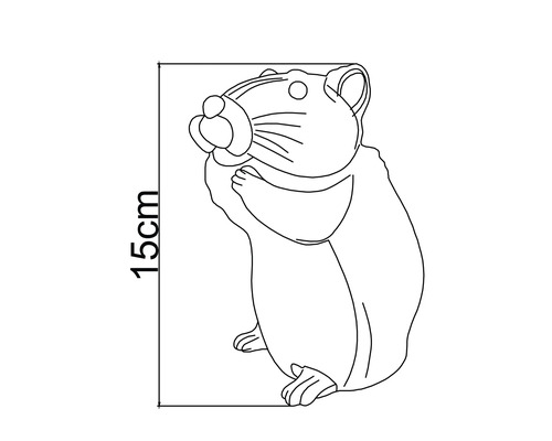 Lijntekening van een hamster met een hoogte-indicatie van 15 centimeter.
