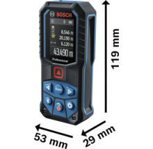 Bosch Logo op Bosch Professional laser afstandsmeter. Afmetingen: 119 millimeter hoog, 53 millimeter breed, 29 millimeter diep.