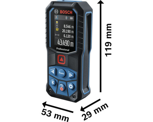 Bosch Logo op Bosch Professional laser afstandsmeter. Afmetingen: 119 millimeter hoog, 53 millimeter breed, 29 millimeter diep.