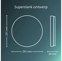Maattekening van een ronde ledlamp met een diameter van 291 millimeter en een diepte van 24 millimeter. Superslank ontwerp.