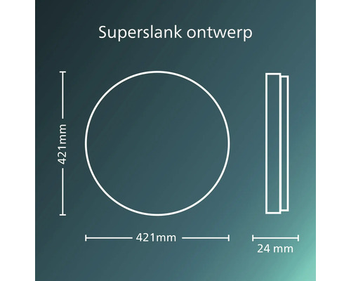 Maattekening van een ronde plafondlamp met een diameter van 421 millimeter en een diepte van 24 millimeter.