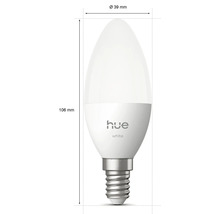 Philips Hue White led-kaarslamp met E14-fitting, diameter 39 millimeter en lengte 106 millimeter.