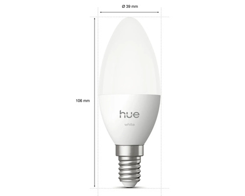 Philips Hue White led-kaarslamp met E14-fitting, diameter 39 millimeter en lengte 106 millimeter.
