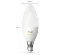 Philips Hue White Ambiance E14 LED kaarslamp met afmetingen: hoogte 117 millimeter en diameter 39 millimeter.