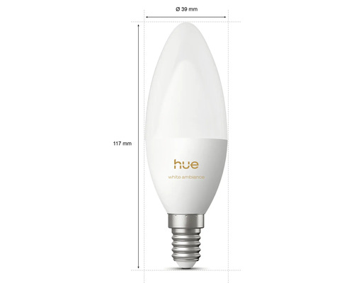 Philips Hue White Ambiance E14 LED kaarslamp met afmetingen: hoogte 117 millimeter en diameter 39 millimeter.