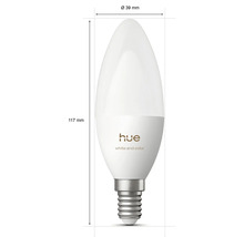Philips Hue LED-kaarslamp E14 White and Color Ambiance, hoogte 117 millimeter, diameter 39 millimeter.