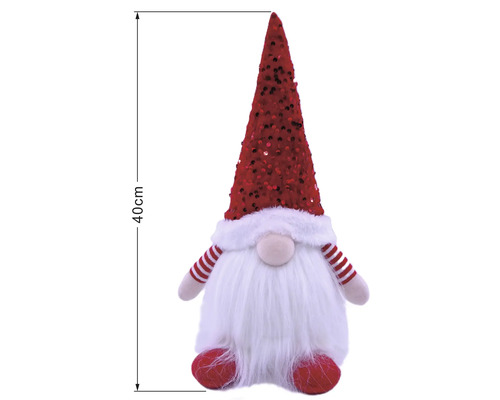 Kerstkabouter met paillettenmuts, witte baard en gestreepte mouwen, hoogte 40 centimeter.